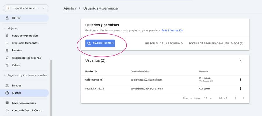 Dar accesos a usuarios en Search Console