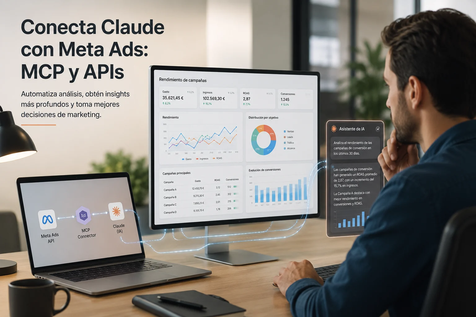 Analista revisando datos de Meta Ads en una interfaz conectada con Claude